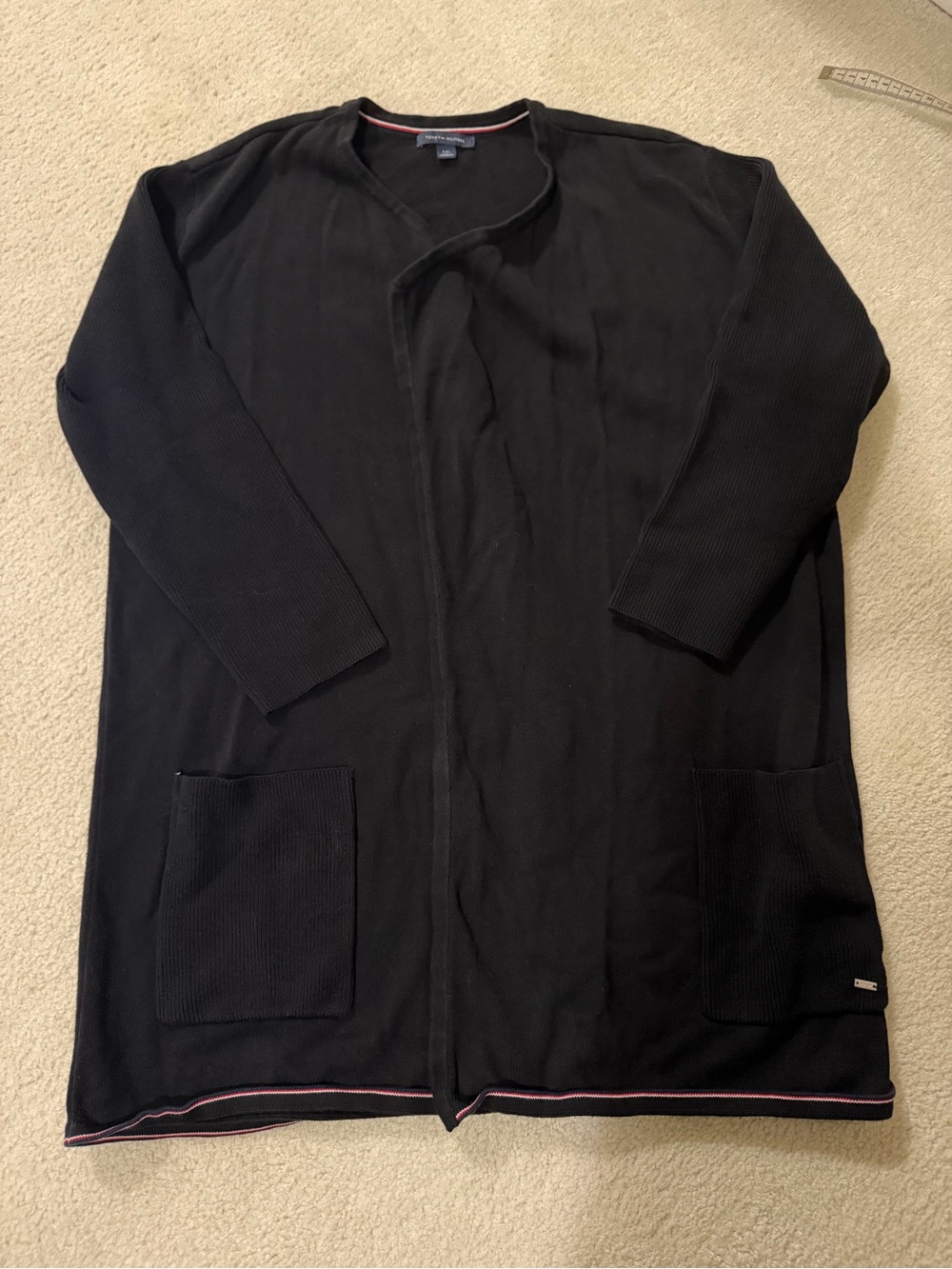 Tommy Hilfiger Black Ribbed Open Front Cardigan Sweater in L